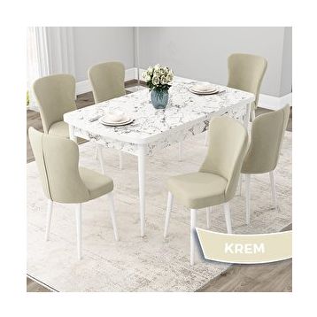 Canisa Due Serisi 80x132 Açılabilir Beyaz Mermer Desen Mutfak Masası Takımı ve 6 Adet Krem Sandalye
