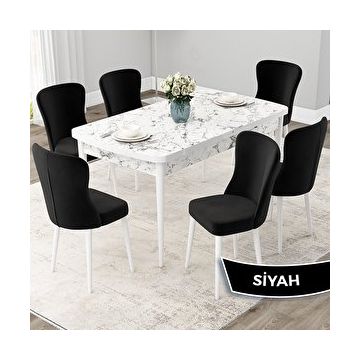 Canisa Due Serisi 80x132 Açılabilir Beyaz Mermer Desen Mutfak Masası Takımı ve 6 Adet Siyah Sandalye