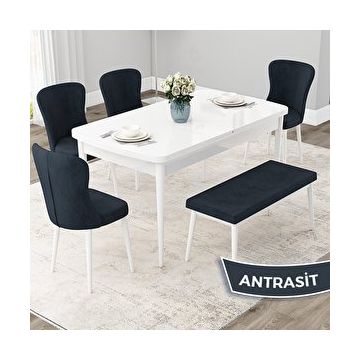 Canisa Due Serisi 80x132 Açılabilir Beyaz Mutfak Masası Takımı ve 4 Antrasit Sandalye ve Antrasit 1 Bench