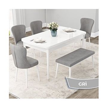 Canisa Due Serisi 80x132 Açılabilir Beyaz Mutfak Masası Takımı ve 4 Gri Sandalye ve Gri 1 Bench