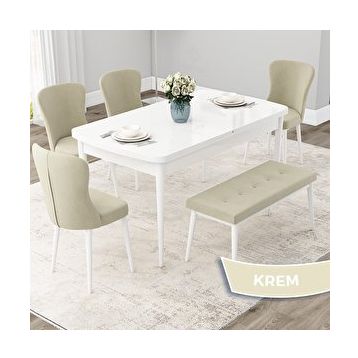 Canisa Due Serisi 80x132 Açılabilir Beyaz Mutfak Masası Takımı ve 4 Krem Sandalye ve Krem 1 Bench