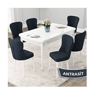 Canisa Due Serisi 80x132 Açılabilir Beyaz Mutfak Masası Takımı ve 6 Adet Antrasit Sandalye