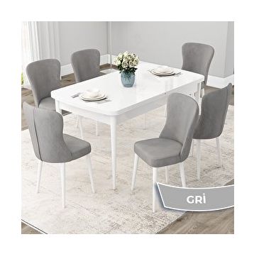 Canisa Due Serisi 80x132 Açılabilir Beyaz Mutfak Masası Takımı ve 6 Adet Gri Sandalye