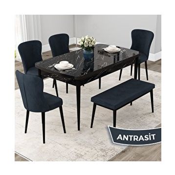 Canisa Due Serisi 80x132 Açılabilir Siyah Mermer Desen Mutfak Masası Takımı ve 4 Antrasit Sandalye ve Antrasit 1 Bench