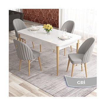Canisa Elf Serisi 80x132 Açılabilir Beyaz Doğal Ahşap Ayak Masa Takımı ve 4 Adet Gri Sandalye