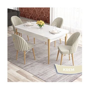 Canisa Elf Serisi 80x132 Açılabilir Beyaz Doğal Ahşap Ayak Masa Takımı ve 4 Adet Krem Sandalye