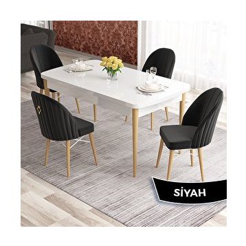 Canisa Elf Serisi 80x132 Açılabilir Beyaz Doğal Ahşap Ayak Masa Takımı ve 4 Adet Siyah Sandalye