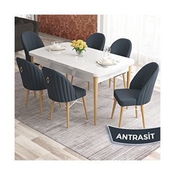 Canisa Elf Serisi 80x132 Açılabilir Beyaz Doğal Ahşap Ayak Masa Takımı ve 6 Adet Antrasit Sandalye