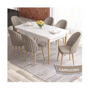 Canisa Elf Serisi 80x132 Açılabilir Beyaz Doğal Ahşap Ayak Masa Takımı ve 6 Adet Cappucino Sandalye