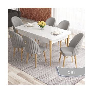 Canisa Elf Serisi 80x132 Açılabilir Beyaz Doğal Ahşap Ayak Masa Takımı ve 6 Adet Gri Sandalye