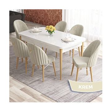 Canisa Elf Serisi 80x132 Açılabilir Beyaz Doğal Ahşap Ayak Masa Takımı ve 6 Adet Krem Sandalye