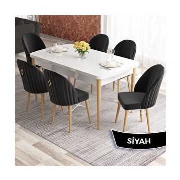 Canisa Elf Serisi 80x132 Açılabilir Beyaz Doğal Ahşap Ayak Masa Takımı ve 6 Adet Siyah Sandalye