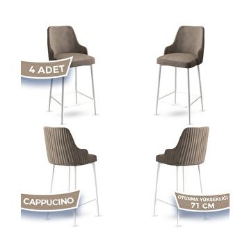 Canisa Enox Serisi 4 Adet Cappucino 1. Sınıf Babyface Kumaş Beyaz Metal Ayaklı Bar Sandalyesi