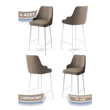 Canisa Enox Serisi 4 Adet Cappucino 1. Sınıf Babyface Kumaş Beyaz Metal Ayaklı Bar Sandalyesi