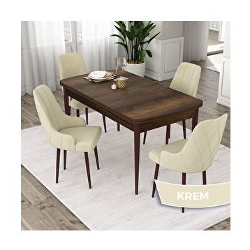 Canisa Eta Serisi 80x132 Açılabilir Mdf Barok Ahşap Desen Masa Takımı ve 4 Adet Krem Sandalye