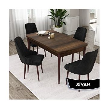 Canisa Eta Serisi 80x132 Açılabilir Mdf Barok Ahşap Desen Masa Takımı ve 4 Adet Siyah Sandalye