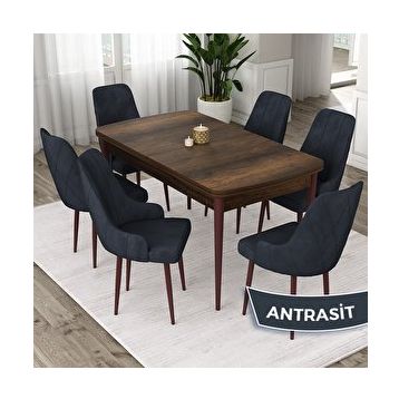 Canisa Eta Serisi 80x132 Açılabilir Mdf Barok Ahşap Desen Masa Takımı ve 6 Adet Antrasit Sandalye