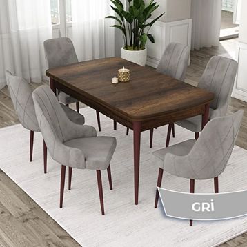 Canisa Eta Serisi 80x132 Açılabilir Mdf Barok Ahşap Desen Masa Takımı ve 6 Adet Gri Sandalye