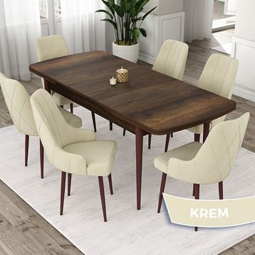 Canisa Eta Serisi 80x132 Açılabilir Mdf Barok Ahşap Desen Masa Takımı ve 6 Adet Krem Sandalye