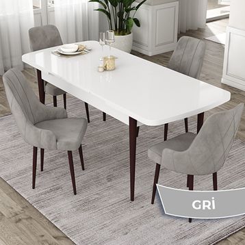 Canisa Eta Serisi 80x132 Açılabilir Mdf Beyaz Ceviz Ayak Masa Takımı ve 4 Adet Gri Sandalye