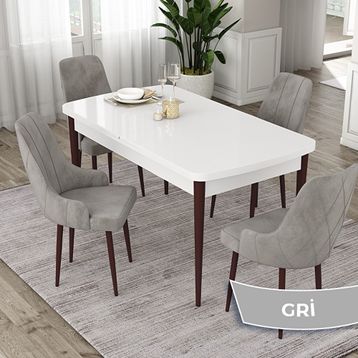Canisa Eta Serisi 80x132 Açılabilir Mdf Beyaz Ceviz Ayak Masa Takımı ve 4 Adet Gri Sandalye