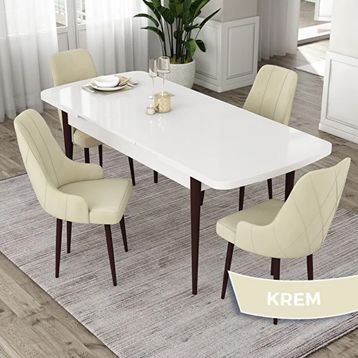 Canisa Eta Serisi 80x132 Açılabilir Mdf Beyaz Ceviz Ayak Masa Takımı ve 4 Adet Krem Sandalye