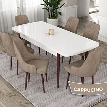 Canisa Eta Serisi 80x132 Açılabilir Mdf Beyaz Ceviz Ayak Masa Takımı ve 6 Adet Cappucino Sandalye