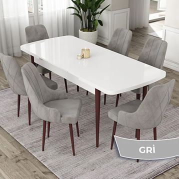 Canisa Eta Serisi 80x132 Açılabilir Mdf Beyaz Ceviz Ayak Masa Takımı ve 6 Adet Gri Sandalye