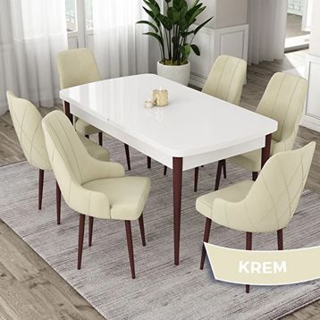 Canisa Eta Serisi 80x132 Açılabilir Mdf Beyaz Ceviz Ayak Masa Takımı ve 6 Adet Krem Sandalye