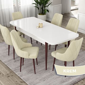 Canisa Eta Serisi 80x132 Açılabilir Mdf Beyaz Ceviz Ayak Masa Takımı ve 6 Adet Krem Sandalye