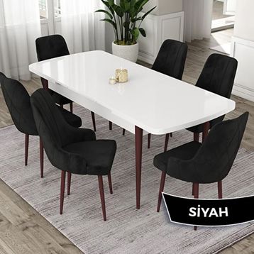 Canisa Eta Serisi 80x132 Açılabilir Mdf Beyaz Ceviz Ayak Masa Takımı ve 6 Adet Siyah Sandalye