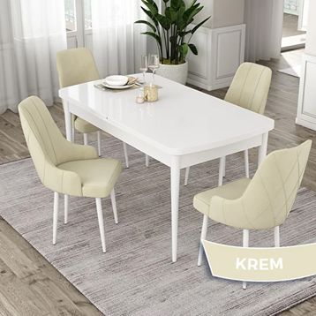 Canisa Eta Serisi 80x132 Açılabilir Mdf Beyaz Masa Takımı ve 4 Adet Krem Sandalye
