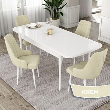 Canisa Eta Serisi 80x132 Açılabilir Mdf Beyaz Masa Takımı ve 4 Adet Krem Sandalye
