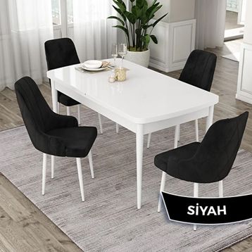Canisa Eta Serisi 80x132 Açılabilir Mdf Beyaz Masa Takımı ve 4 Adet Siyah Sandalye