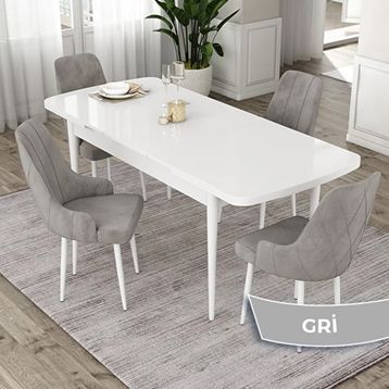 Canisa Eta Serisi 80x132 Açılabilir Mdf Beyaz Masa Takımı ve 6 Adet Gri Sandalye