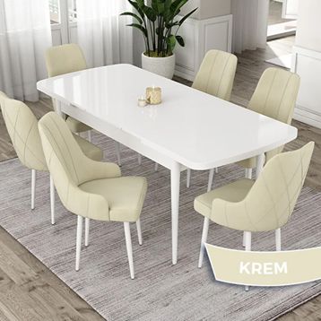 Canisa Eta Serisi 80x132 Açılabilir Mdf Beyaz Masa Takımı ve 6 Adet Krem Sandalye