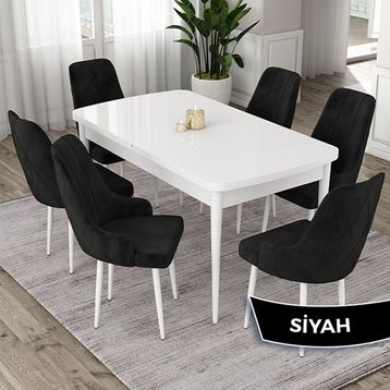 Canisa Eta Serisi 80x132 Açılabilir Mdf Beyaz Masa Takımı ve 6 Adet Siyah Sandalye