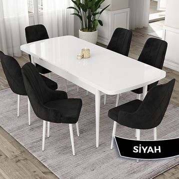 Canisa Eta Serisi 80x132 Açılabilir Mdf Beyaz Masa Takımı ve 6 Adet Siyah Sandalye
