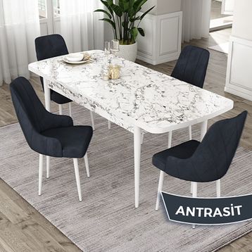 Canisa Eta Serisi 80x132 Açılabilir Mdf Beyaz Mermer Desen Masa Takımı ve 4 Adet Antrasit Sandalye