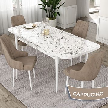 Canisa Eta Serisi 80x132 Açılabilir Mdf Beyaz Mermer Desen Masa Takımı ve 4 Adet Cappucino Sandalye