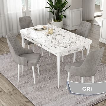 Canisa Eta Serisi 80x132 Açılabilir Mdf Beyaz Mermer Desen Masa Takımı ve 4 Adet Gri Sandalye