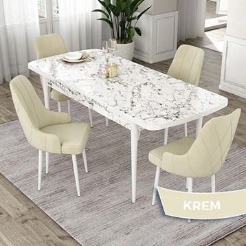 Canisa Eta Serisi 80x132 Açılabilir Mdf Beyaz Mermer Desen Masa Takımı ve 4 Adet Krem Sandalye