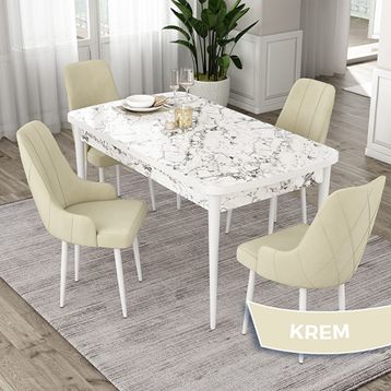 Canisa Eta Serisi 80x132 Açılabilir Mdf Beyaz Mermer Desen Masa Takımı ve 4 Adet Krem Sandalye