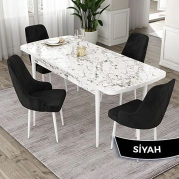 Canisa Eta Serisi 80x132 Açılabilir Mdf Beyaz Mermer Desen Masa Takımı ve 4 Adet Siyah Sandalye