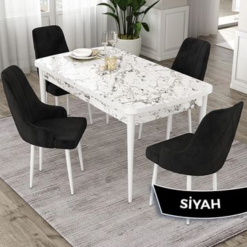 Canisa Eta Serisi 80x132 Açılabilir Mdf Beyaz Mermer Desen Masa Takımı ve 4 Adet Siyah Sandalye