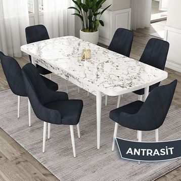 Canisa Eta Serisi 80x132 Açılabilir Mdf Beyaz Mermer Desen Masa Takımı ve 6 Adet Antrasit Sandalye