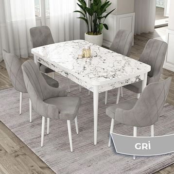 Canisa Eta Serisi 80x132 Açılabilir Mdf Beyaz Mermer Desen Masa Takımı ve 6 Adet Gri Sandalye