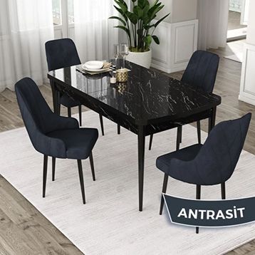 Canisa Eta Serisi 80x132 Açılabilir Mdf Siyah Mermer Desen Masa Takımı ve 4 Adet Antrasit Sandalye
