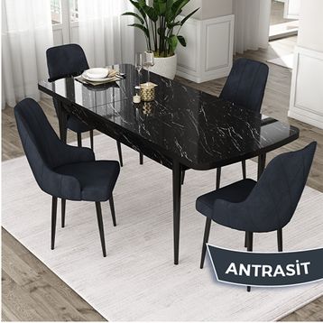 Canisa Eta Serisi 80x132 Açılabilir Mdf Siyah Mermer Desen Masa Takımı ve 4 Adet Antrasit Sandalye