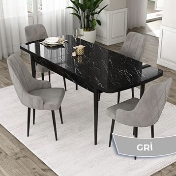 Canisa Eta Serisi 80x132 Açılabilir Mdf Siyah Mermer Desen Masa Takımı ve 4 Adet Gri Sandalye